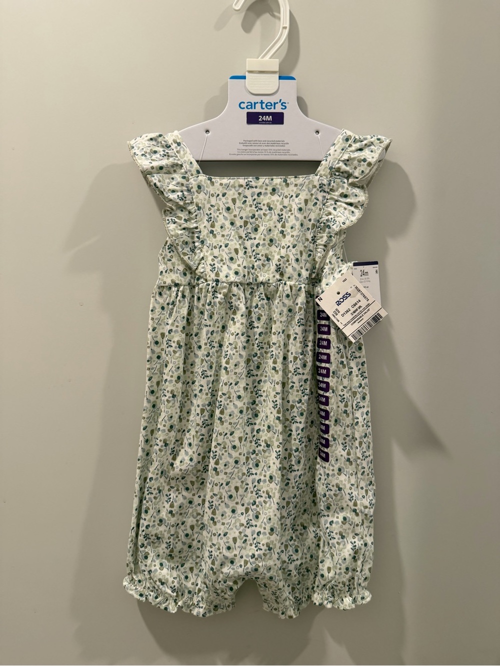 NWT 24 Months Girls Carter's Cream and Green Floral Ruffle Romper